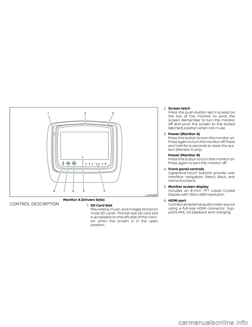 NISSAN ARMADA 2021  Owner´s Manual CONTROL DESCRIPTION1.SD Card Slot
Play videos, music, and images stored on
most SD cards. The full-size SD card slot
is accessible on the lef t side of the moni-
tor when the screen is in the open
pos