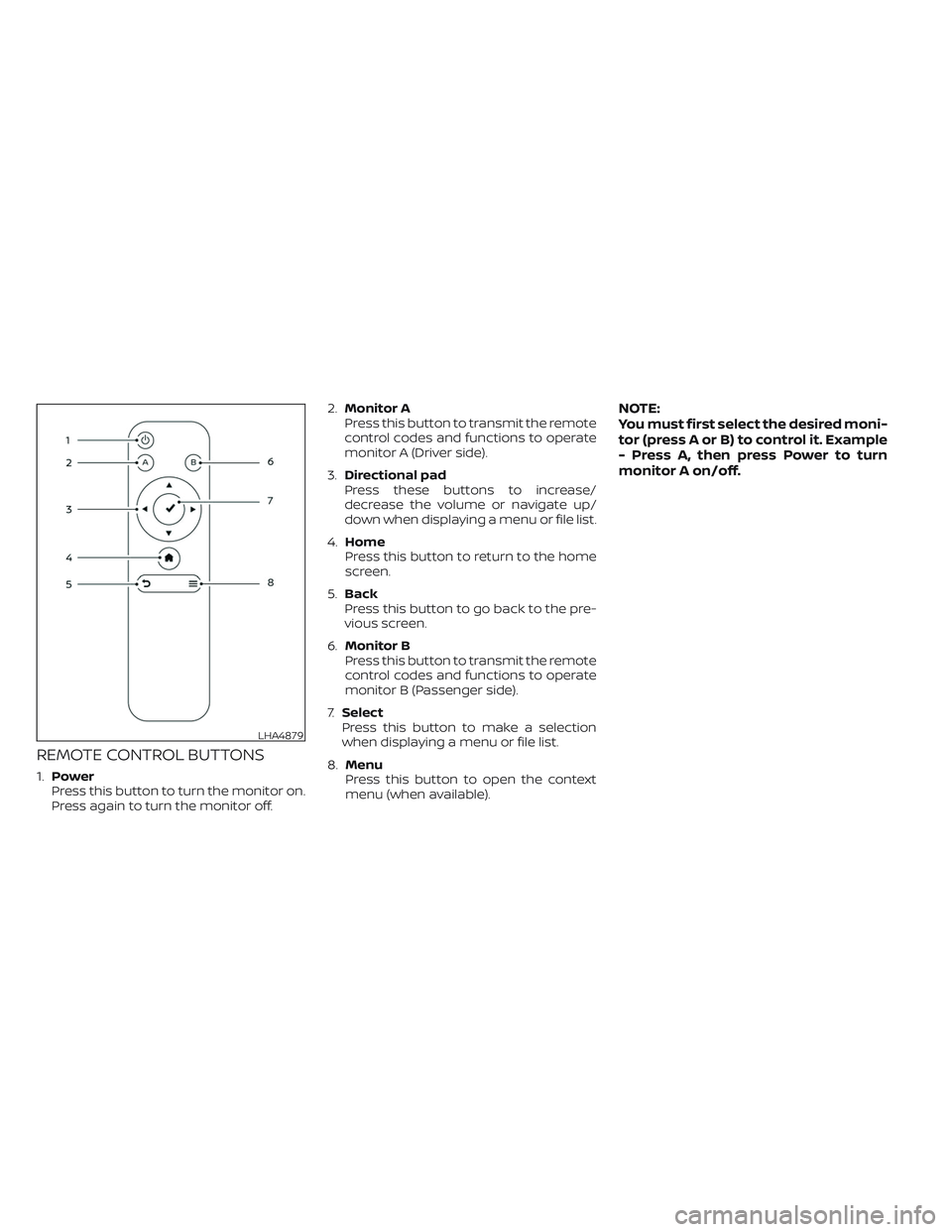NISSAN ARMADA 2021  Owner´s Manual REMOTE CONTROL BUTTONS
1.Power
Press this button to turn the monitor on.
Press again to turn the monitor off.2.Monitor A
Press this button to transmit the remote
control codes and functions to operate