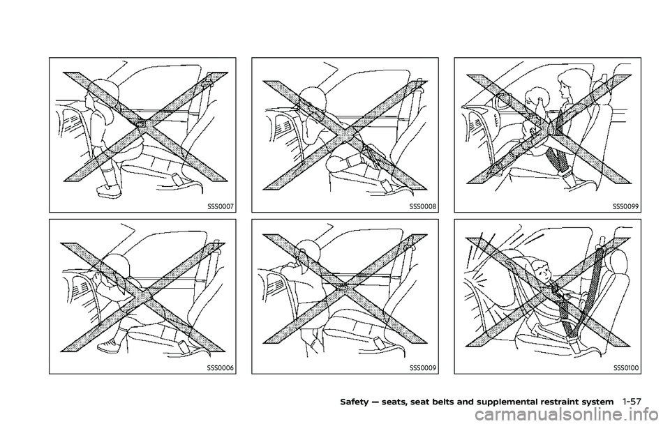 NISSAN ARMADA 2021  Owner´s Manual SSS0007
SSS0006
SSS0008
SSS0009
SSS0099
SSS0100
Safety — seats, seat belts and supplemental restraint system1-57 