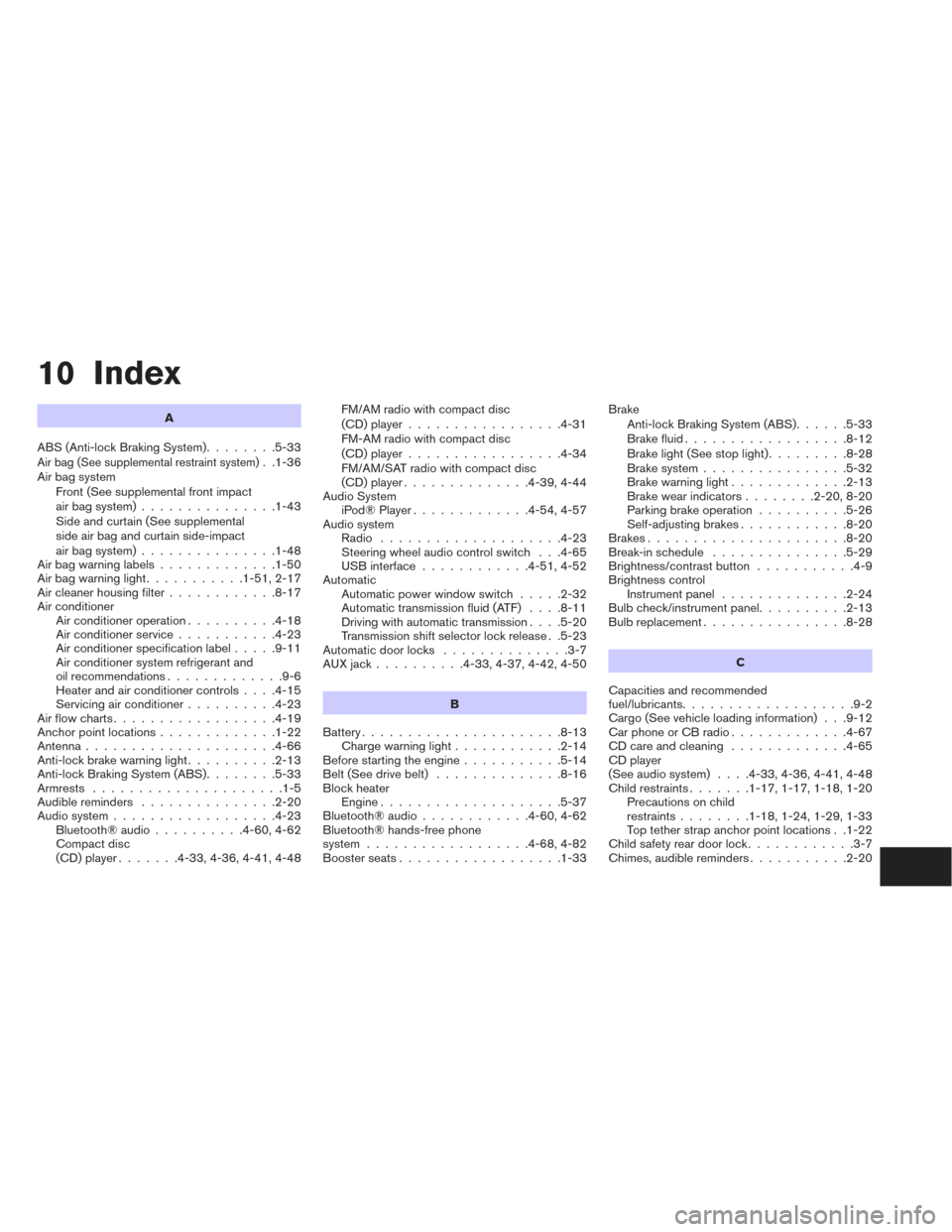 NISSAN VERSA SEDAN 2014 2.G Owners Manual 10 Index
A
ABS (Anti-lock Braking System) ........5-33
Air bag (See supplemental restraint system). .1-36
Air bag system Front (See supplemental front impact
air bag system) ...............1-43
Side a NISSAN VERSA SEDAN 2014 2.G Owners Manual 10 Index
A
ABS (Anti-lock Braking System) ........5-33
Air bag (See supplemental restraint system). .1-36
Air bag system Front (See supplemental front impact
air bag system) ...............1-43
Side a