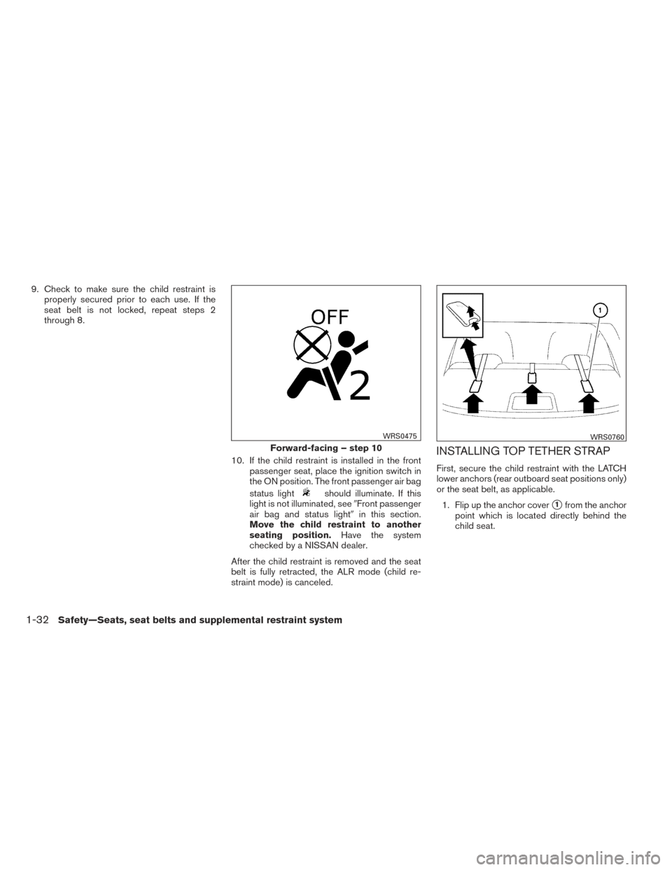 NISSAN VERSA SEDAN 2014 2.G Owners Manual 9. Check to make sure the child restraint isproperly secured prior to each use. If the
seat belt is not locked, repeat steps 2
through 8.
10. If the child restraint is installed in the frontpassenger NISSAN VERSA SEDAN 2014 2.G Owners Manual 9. Check to make sure the child restraint isproperly secured prior to each use. If the
seat belt is not locked, repeat steps 2
through 8.
10. If the child restraint is installed in the frontpassenger