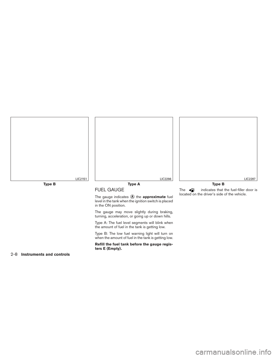 NISSAN VERSA SEDAN 2014 2.G Owners Manual FUEL GAUGE
The gauge indicatesAtheapproximate fuel
level in the tank when the ignition switch is placed
in the ON position.
The gauge may move slightly during braking,
turning, acceleration, or going