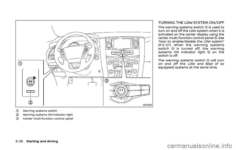NISSAN ARMADA 2019  Owner´s Manual 5-26Starting and driving
JVS1130X
Warning systems switchWarning systems ON indicator lightCenter multi-function control panel
TURNING THE LDW SYSTEM ON/OFF
The warning systems switchis used to
turn on