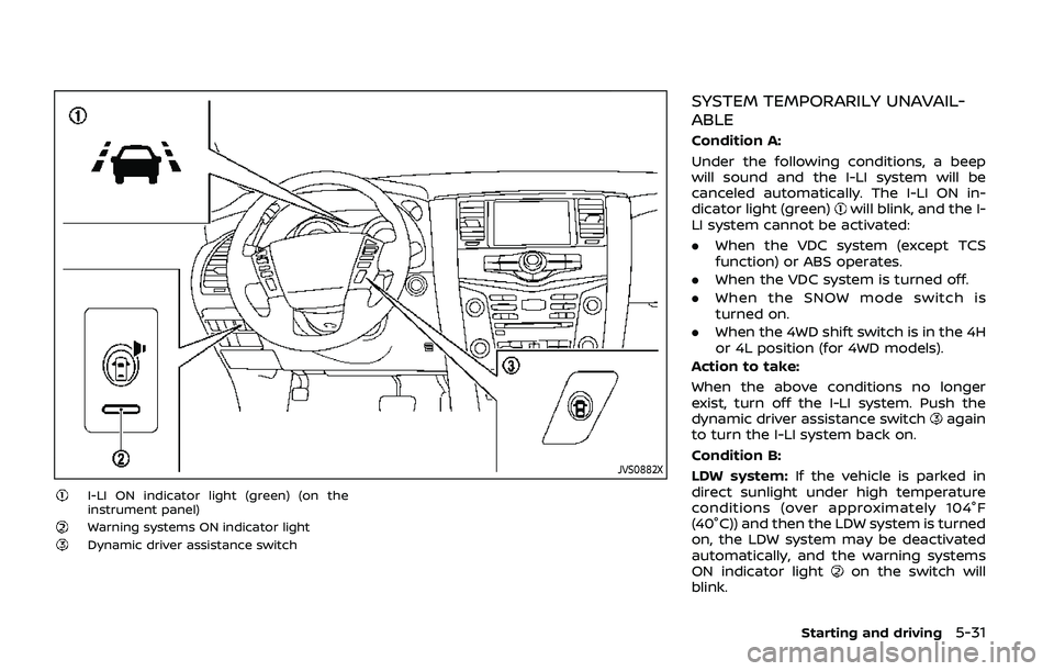 NISSAN ARMADA 2019  Owner´s Manual JVS0882X
I-LI ON indicator light (green) (on the
instrument panel)
Warning systems ON indicator lightDynamic driver assistance switch
SYSTEM TEMPORARILY UNAVAIL-
ABLE
Condition A:
Under the following 