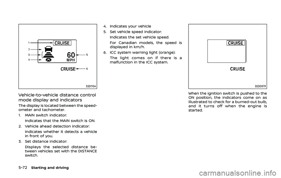 NISSAN ARMADA 2019  Owner´s Manual 5-72Starting and driving
SSD1104
Vehicle-to-vehicle distance control
mode display and indicators
The display is located between the speed-
ometer and tachometer.
1. MAIN switch indicator:Indicates tha