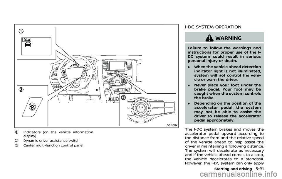 NISSAN ARMADA 2019  Owner´s Manual JVS1100X
Indicators (on the vehicle information
display)
Dynamic driver assistance switchCenter multi-function control panel
I-DC SYSTEM OPERATION
WARNING
Failure to follow the warnings and
instructio