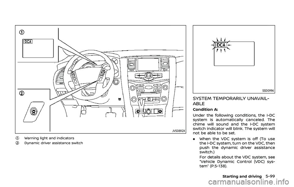 NISSAN ARMADA 2019  Owner´s Manual JVS0892X
Warning light and indicatorsDynamic driver assistance switch
SSD0996
SYSTEM TEMPORARILY UNAVAIL-
ABLE
Condition A:
Under the following conditions, the I-DC
system is automatically canceled. T