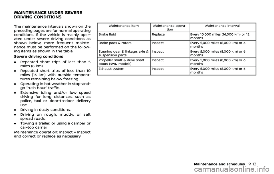 NISSAN ARMADA 2019 Owner´s Manual The maintenance intervals shown on the
preceding pages are for normal operating
conditions. If the vehicle is mainly oper-
ated under severe driving conditions as
shown below, more frequent mainte-
na NISSAN ARMADA 2019 Owner´s Manual The maintenance intervals shown on the
preceding pages are for normal operating
conditions. If the vehicle is mainly oper-
ated under severe driving conditions as
shown below, more frequent mainte-
na