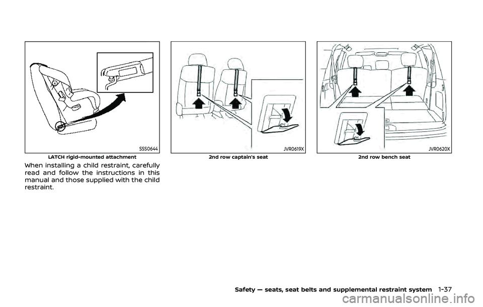 NISSAN ARMADA 2019  Owner´s Manual SSS0644
LATCH rigid-mounted attachment
When installing a child restraint, carefully
read and follow the instructions in this
manual and those supplied with the child
restraint.
JVR0619X
2nd row captai