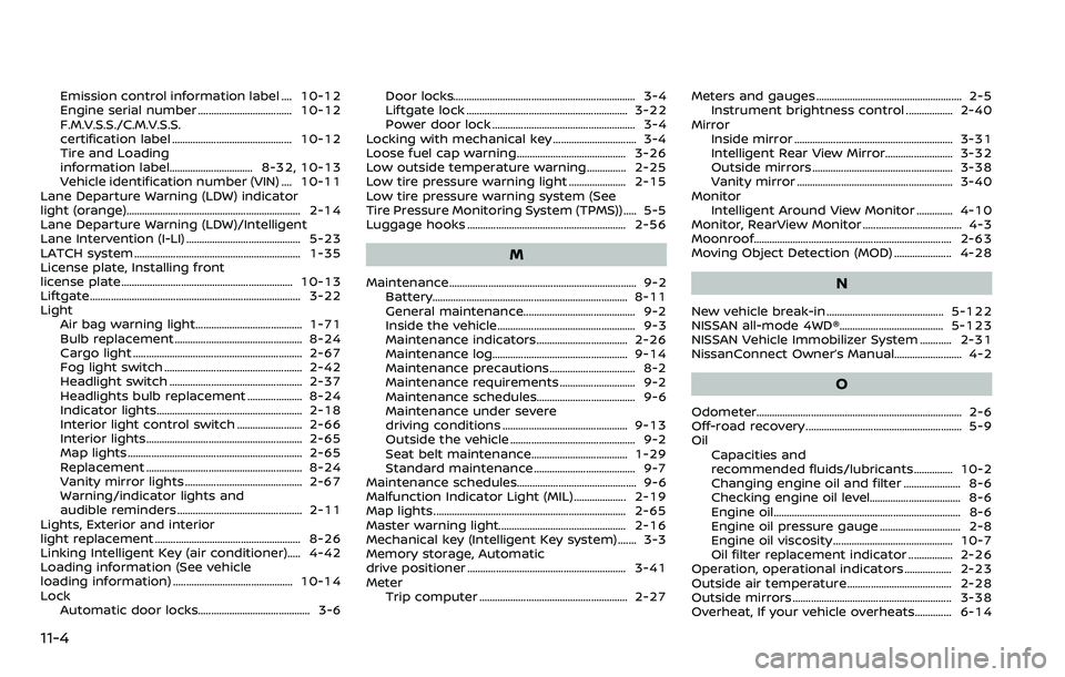NISSAN ARMADA 2018 Owner´s Manual 11-4
Emission control information label .... 10-12
Engine serial number .................................... 10-12
F.M.V.S.S./C.M.V.S.S.
certification label ........................................... NISSAN ARMADA 2018 Owner´s Manual 11-4
Emission control information label .... 10-12
Engine serial number .................................... 10-12
F.M.V.S.S./C.M.V.S.S.
certification label ...........................................