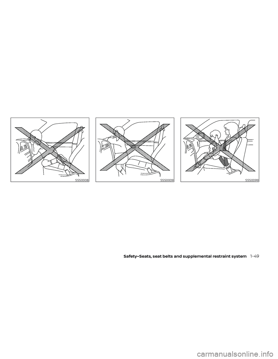 NISSAN LEAF 2022  Owner´s Manual SSS0008SSS0009SSS0099
Safety–Seats, seat belts and supplemental restraint system1-49 
