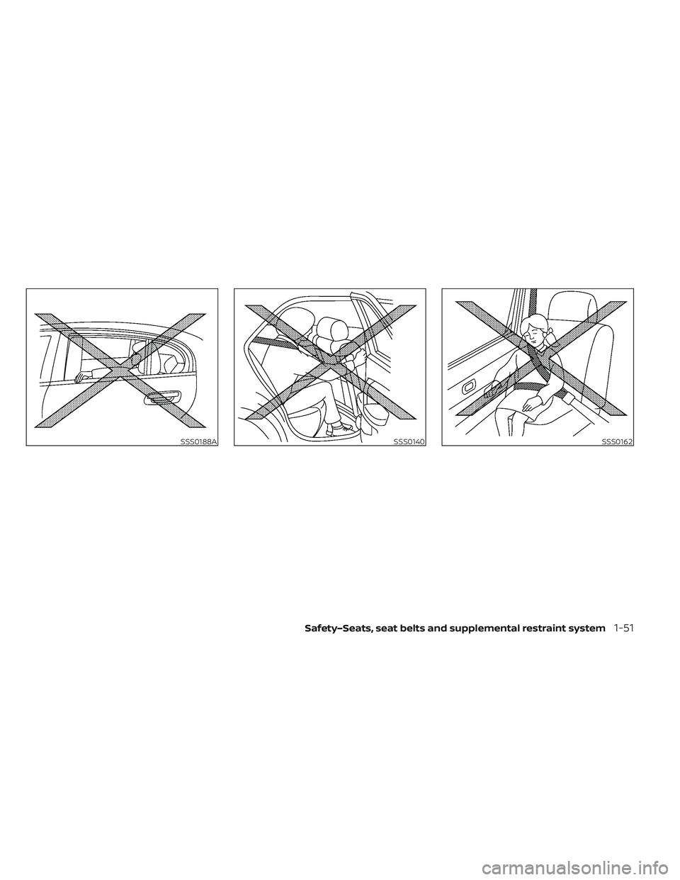 NISSAN LEAF 2022  Owner´s Manual SSS0188ASSS0140SSS0162
Safety–Seats, seat belts and supplemental restraint system1-51 