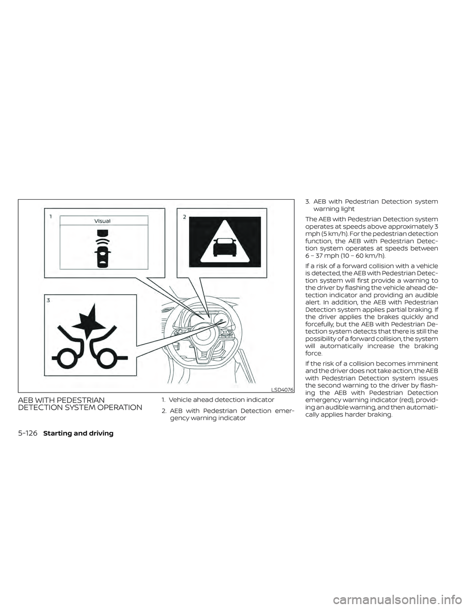 NISSAN LEAF 2022  Owner´s Manual AEB WITH PEDESTRIAN
DETECTION SYSTEM OPERATION1. Vehicle ahead detection indicator
2. AEB with Pedestrian Detection emer-gency warning indicator 3. AEB with Pedestrian Detection system
warning light
T