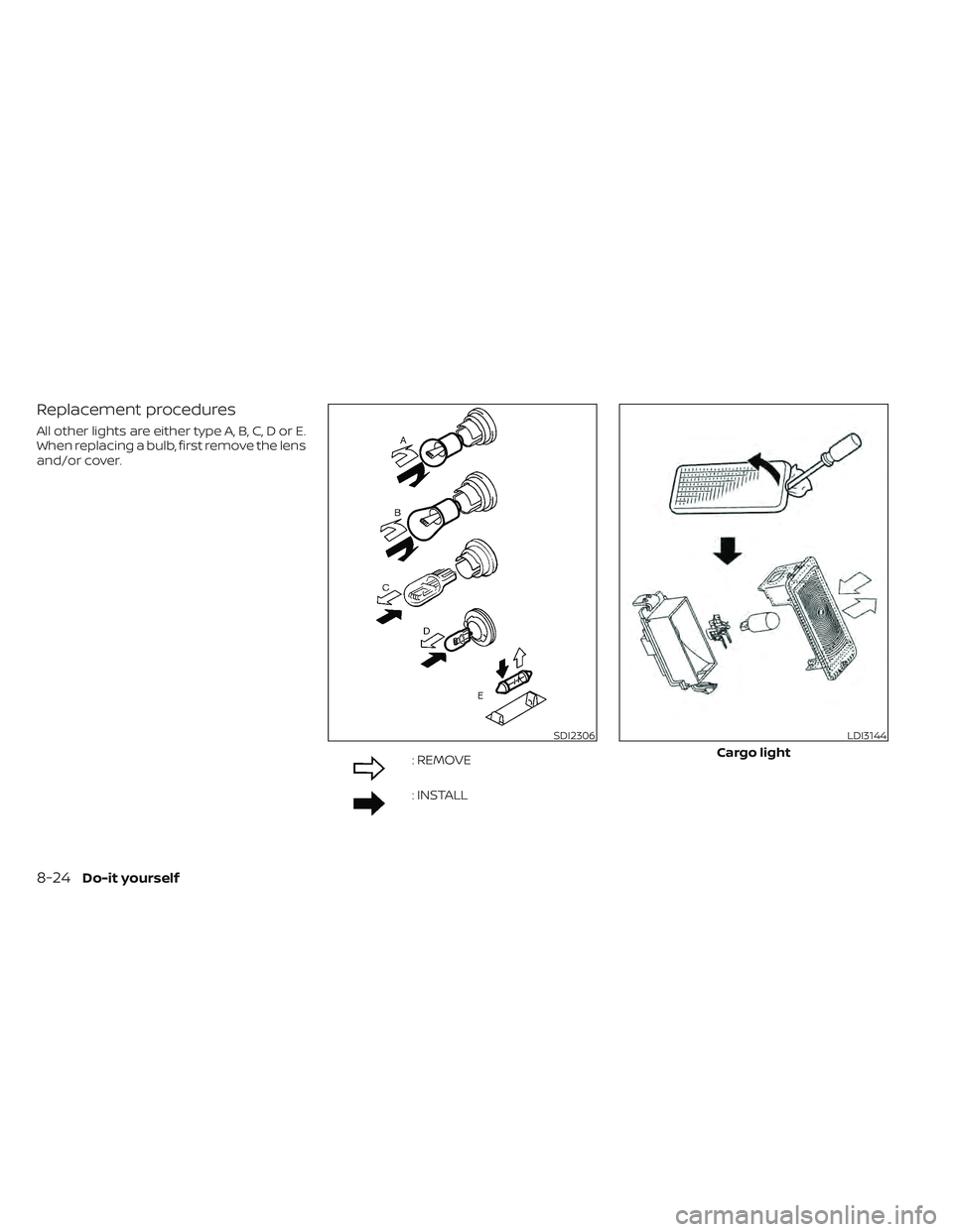 NISSAN LEAF 2022  Owner´s Manual Replacement procedures
All other lights are either type A, B, C, D or E.
When replacing a bulb, first remove the lens
and/or cover.
: REMOVE
: INSTALL
SDI2306LDI3144
Cargo light
8-24Do-it yourself 