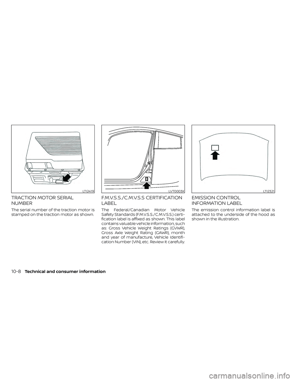 NISSAN LEAF 2022  Owner´s Manual TRACTION MOTOR SERIAL
NUMBER
The serial number of the traction motor is
stamped on the traction motor as shown.
F.M.V.S.S./C.M.V.S.S CERTIFICATION
LABEL
The Federal/Canadian Motor Vehicle
Safety Stand