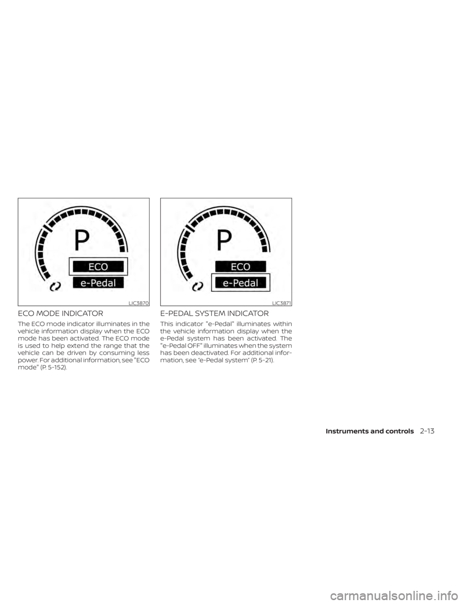 NISSAN LEAF 2021  Owner´s Manual ECO MODE INDICATOR
The ECO mode indicator illuminates in the
vehicle information display when the ECO
mode has been activated. The ECO mode
is used to help extend the range that the
vehicle can be dri