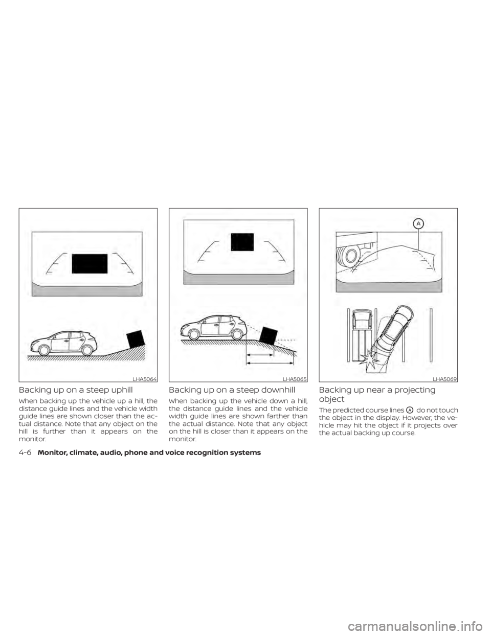 NISSAN LEAF 2021  Owner´s Manual Backing up on a steep uphill
When backing up the vehicle up a hill, the
distance guide lines and the vehicle width
guide lines are shown closer than the ac-
tual distance. Note that any object on the
