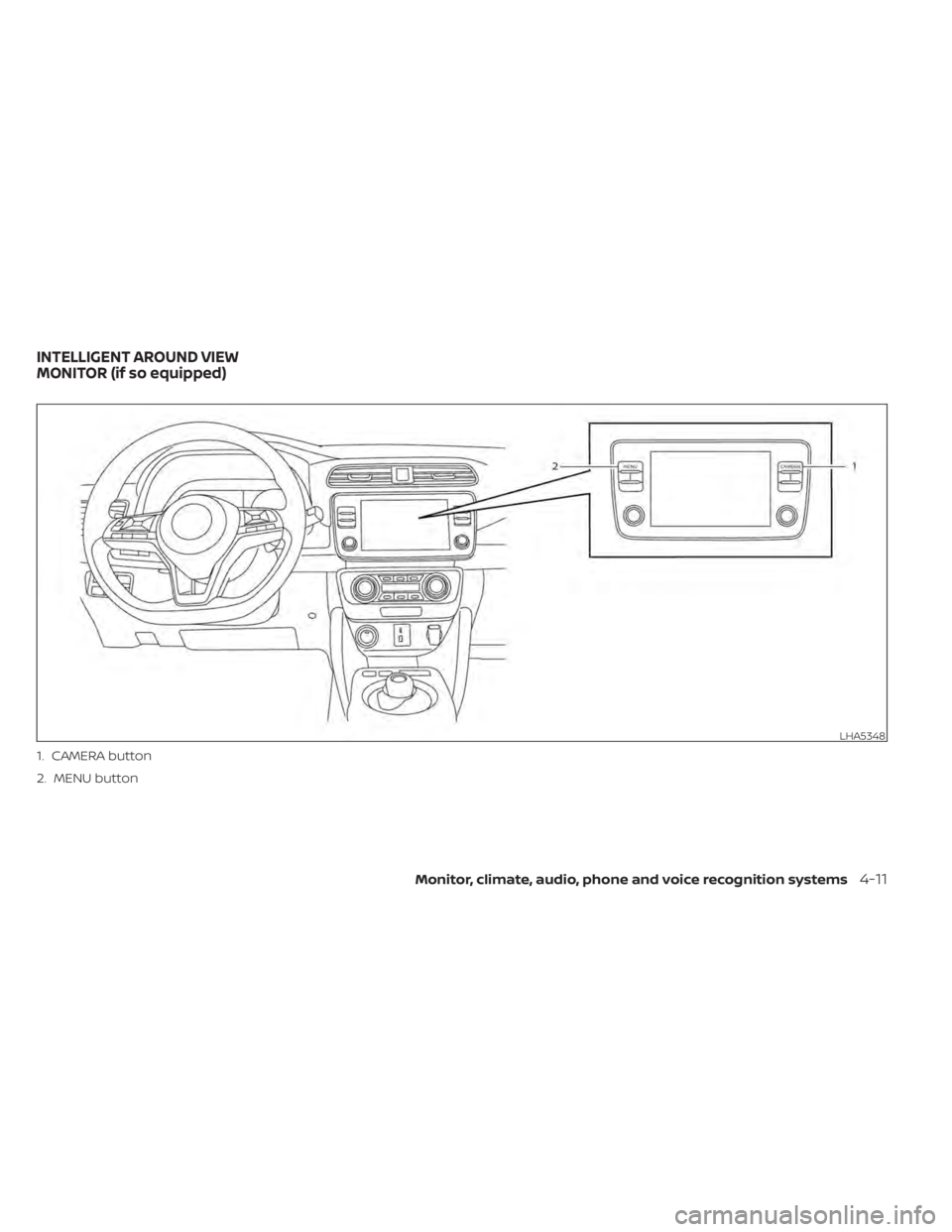 NISSAN LEAF 2021  Owner´s Manual LHA5348
1. CAMERA button
2. MENU button
INTELLIGENT AROUND VIEW
MONITOR (if so equipped)
Monitor, climate, audio, phone and voice recognition systems4-11 
