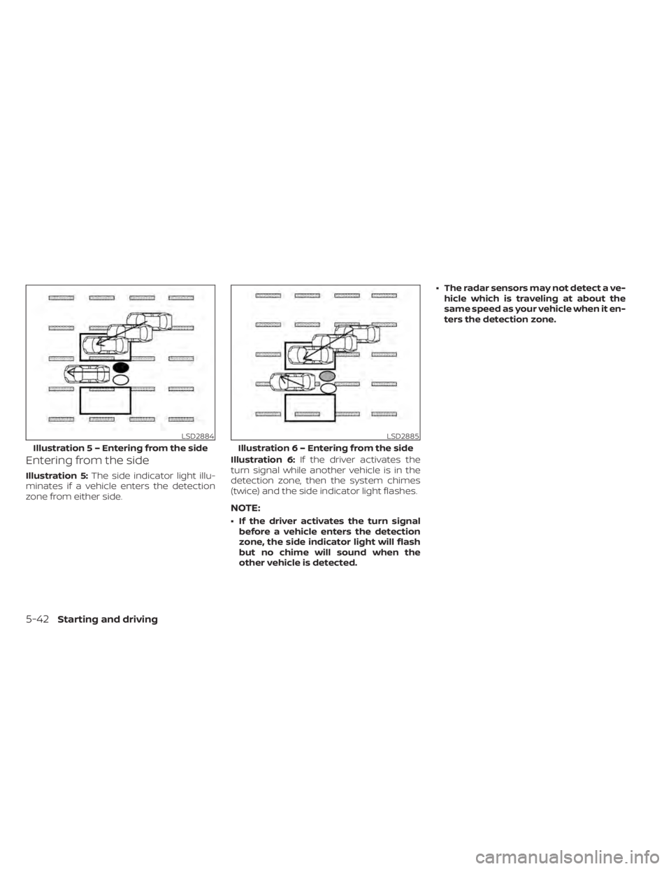 NISSAN LEAF 2021  Owner´s Manual Entering from the side
Illustration 5:The side indicator light illu-
minates if a vehicle enters the detection
zone from either side. Illustration 6:
If the driver activates the
turn signal while anot