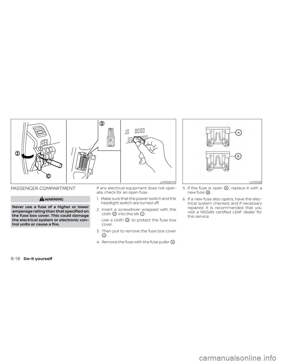 NISSAN LEAF 2021  Owner´s Manual PASSENGER COMPARTMENT
WARNING
Never use a fuse of a higher or lower
amperage rating than that specified on
the fuse box cover. This could damage
the electrical system or electronic con-
trol units or 