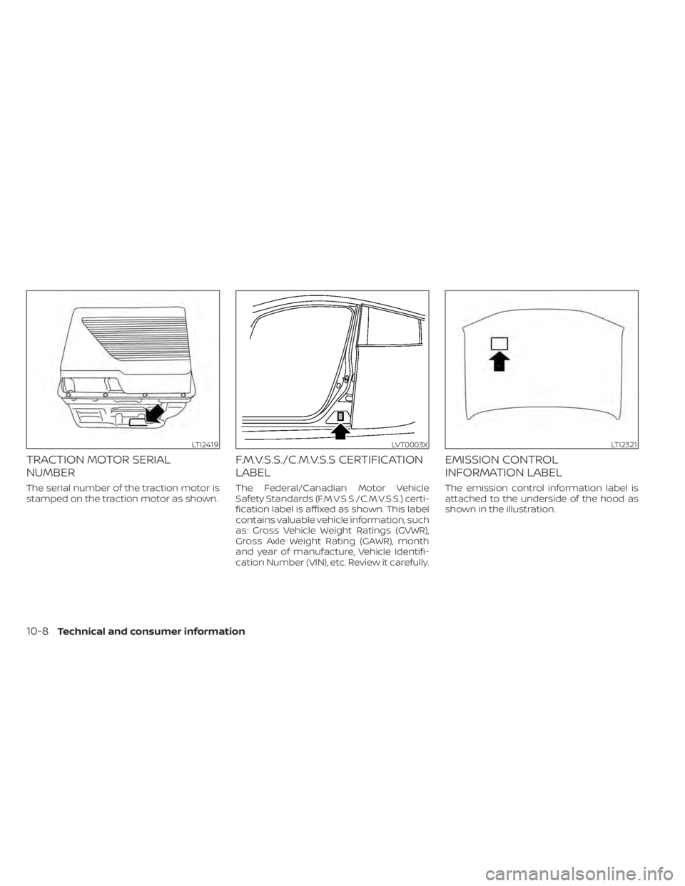 NISSAN LEAF 2021  Owner´s Manual TRACTION MOTOR SERIAL
NUMBER
The serial number of the traction motor is
stamped on the traction motor as shown.
F.M.V.S.S./C.M.V.S.S CERTIFICATION
LABEL
The Federal/Canadian Motor Vehicle
Safety Stand