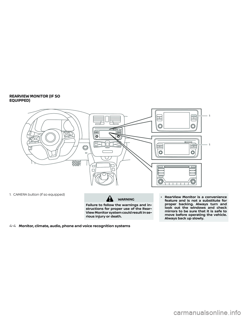 NISSAN LEAF 2019  Owner´s Manual 1. CAMERA button (if so equipped)
WARNING
Failure to follow the warnings and in-
structions for proper use of the Rear-
View Monitor system could result in se-
rious injury or death. • RearView Moni