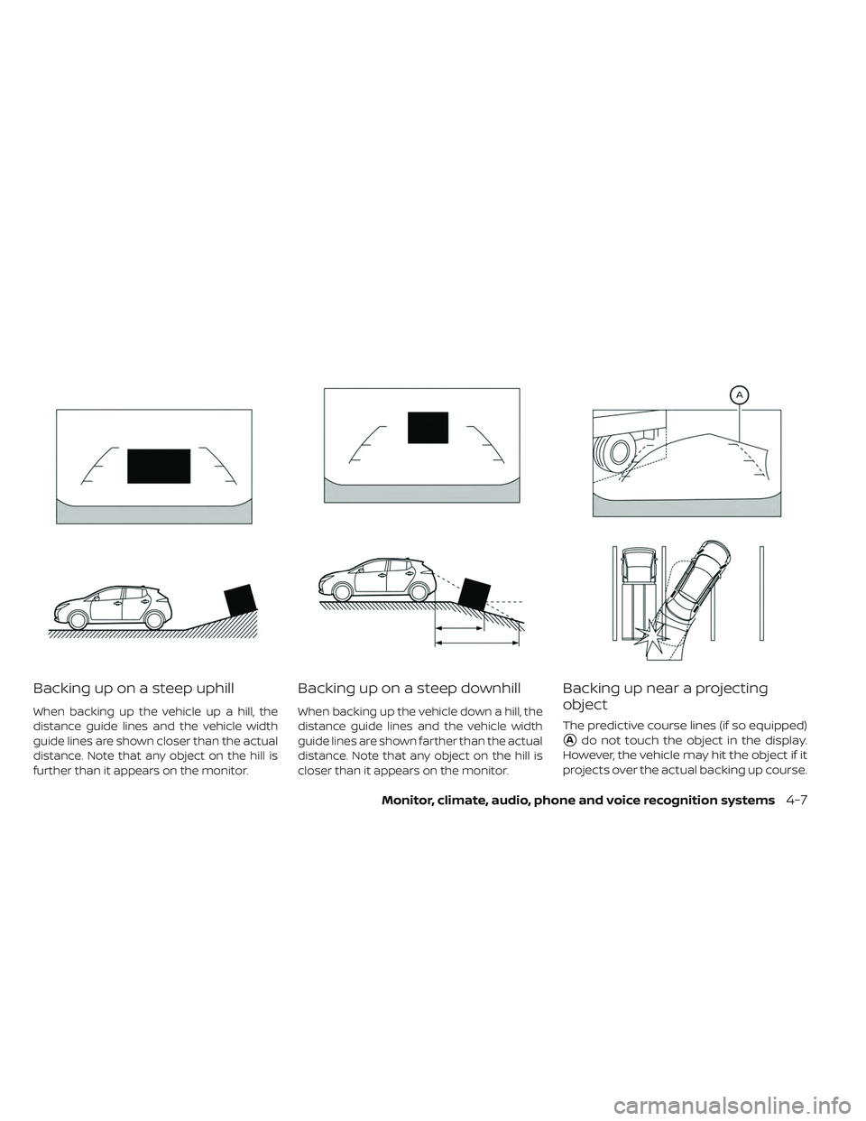 NISSAN LEAF 2019  Owner´s Manual Backing up on a steep uphill
When backing up the vehicle up a hill, the
distance guide lines and the vehicle width
guide lines are shown closer than the actual
distance. Note that any object on the hi
