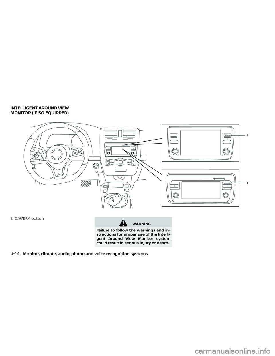 NISSAN LEAF 2019  Owner´s Manual 1. CAMERA button
WARNING
Failure to follow the warnings and in-
structions for proper use of the Intelli-
gent Around View Monitor system
could result in serious injury or death.
INTELLIGENT AROUND VI