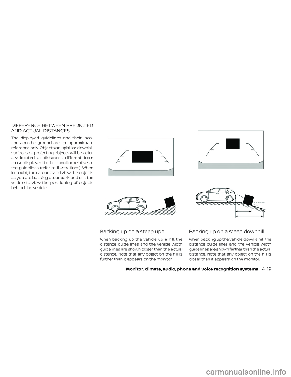 NISSAN LEAF 2019 Owner´s Manual DIFFERENCE BETWEEN PREDICTED
AND ACTUAL DISTANCES
The displayed guidelines and their loca-
tions on the ground are for approximate
reference only. Objects on uphill or downhill
surfaces or projecting NISSAN LEAF 2019 Owner´s Manual DIFFERENCE BETWEEN PREDICTED
AND ACTUAL DISTANCES
The displayed guidelines and their loca-
tions on the ground are for approximate
reference only. Objects on uphill or downhill
surfaces or projecting