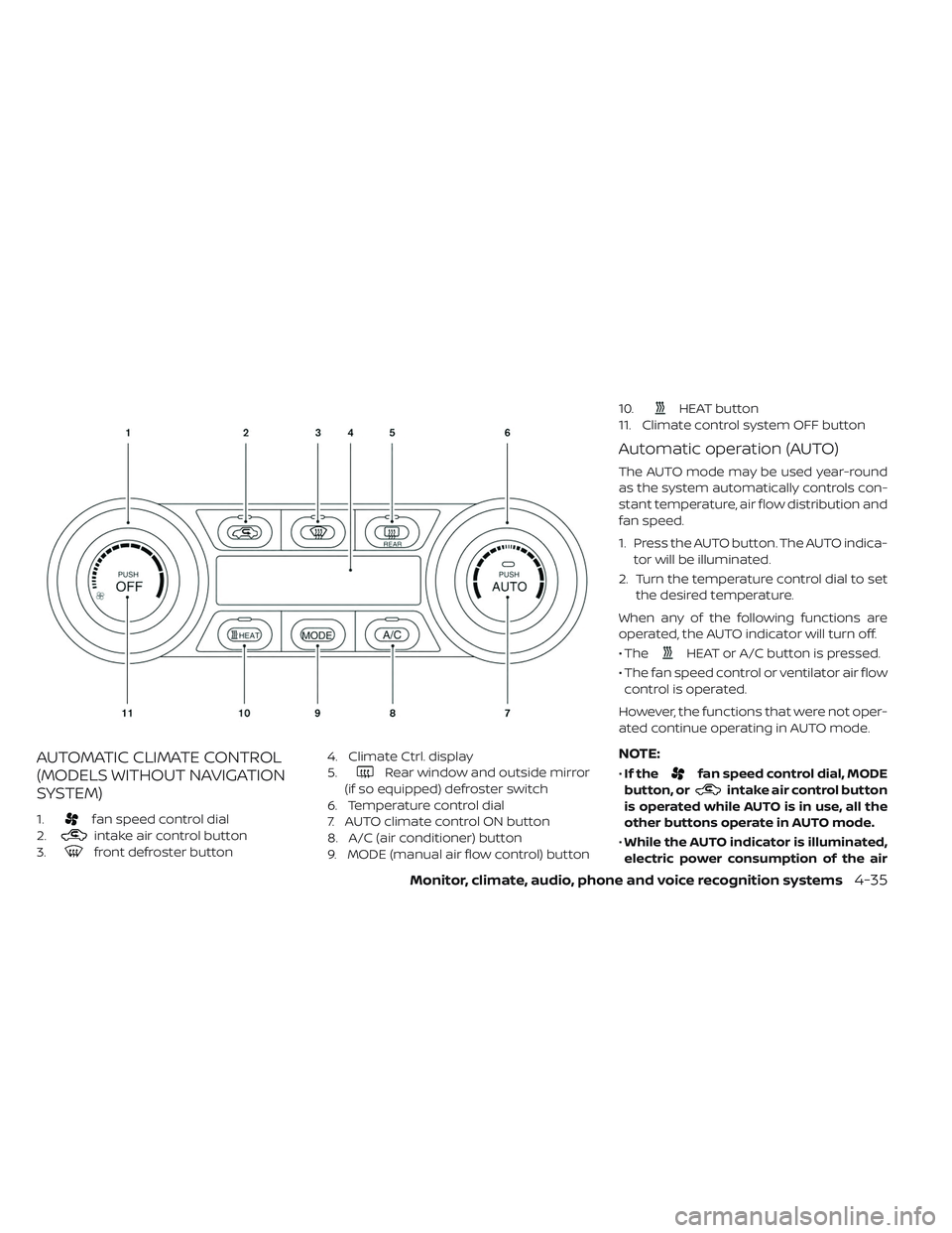 NISSAN LEAF 2019 Owner´s Manual AUTOMATIC CLIMATE CONTROL
(MODELS WITHOUT NAVIGATION
SYSTEM)
1.fan speed control dial
2.
intake air control button
3.
front defroster button 4. Climate Ctrl. display
5.
Rear window and outside mirror
NISSAN LEAF 2019 Owner´s Manual AUTOMATIC CLIMATE CONTROL
(MODELS WITHOUT NAVIGATION
SYSTEM)
1.fan speed control dial
2.
intake air control button
3.
front defroster button 4. Climate Ctrl. display
5.
Rear window and outside mirror