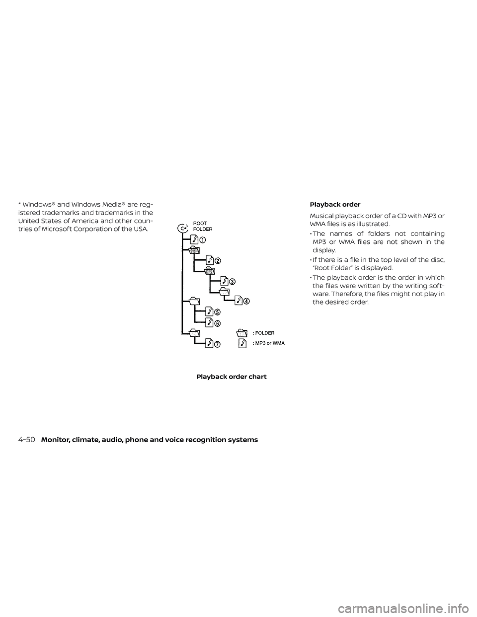 NISSAN LEAF 2019  Owner´s Manual * Windows® and Windows Media® are reg-
istered trademarks and trademarks in the
United States of America and other coun-
tries of Microsof t Corporation of the USA.Playback order
Musical playback or
