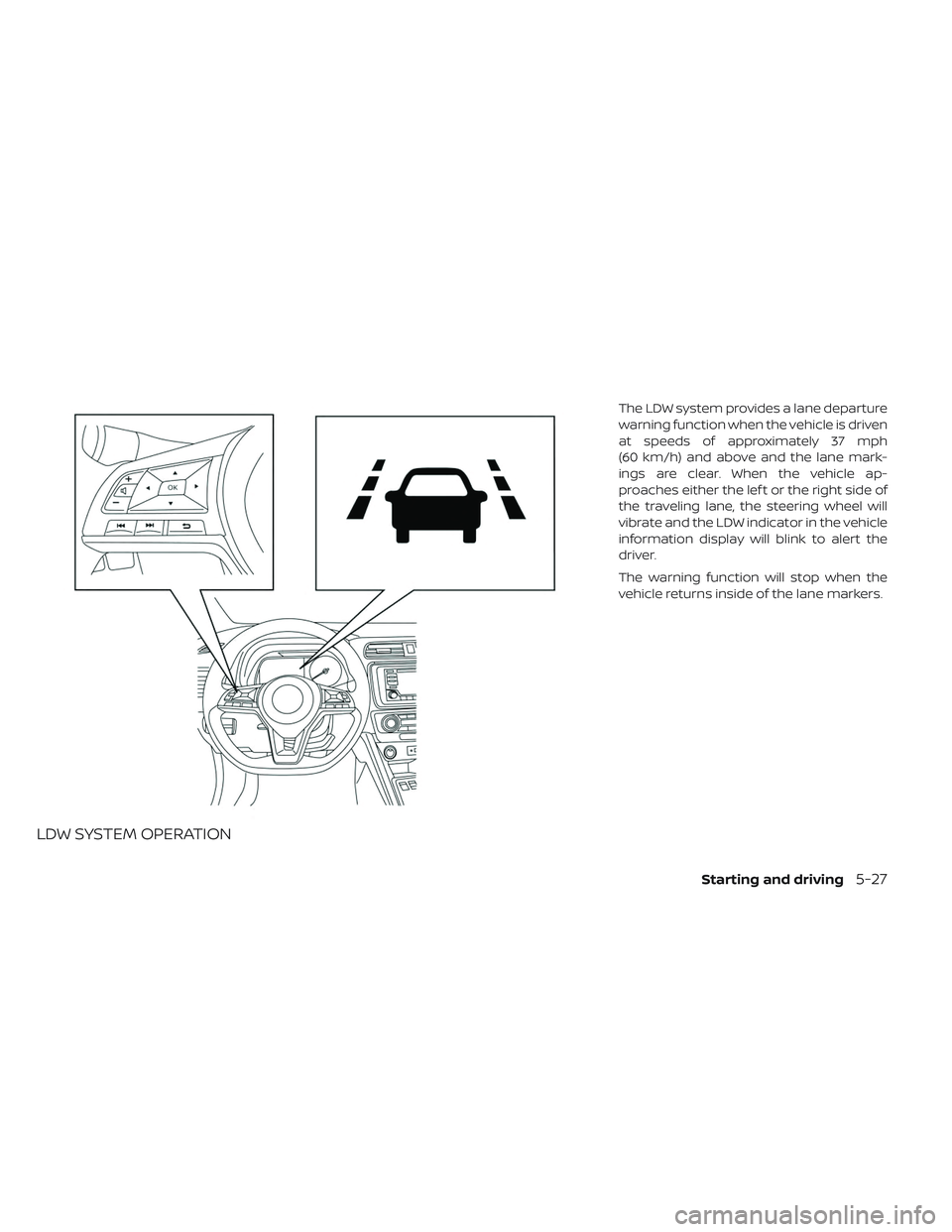 NISSAN LEAF 2019  Owner´s Manual LDW SYSTEM OPERATION
The LDW system provides a lane departure
warning function when the vehicle is driven
at speeds of approximately 37 mph
(60 km/h) and above and the lane mark-
ings are clear. When 