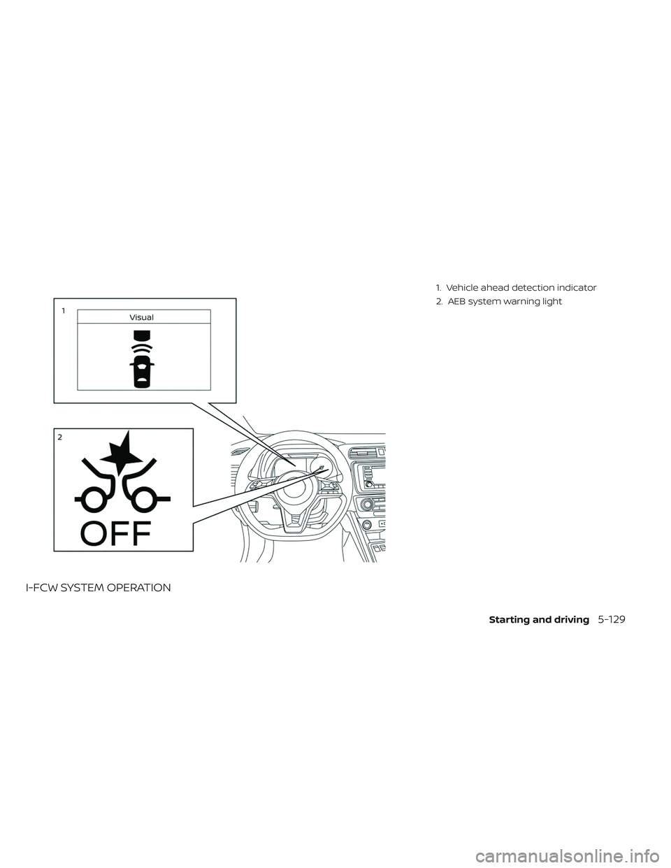 NISSAN LEAF 2019  Owner´s Manual I-FCW SYSTEM OPERATION
1. Vehicle ahead detection indicator
2. AEB system warning light
Starting and driving5-129 