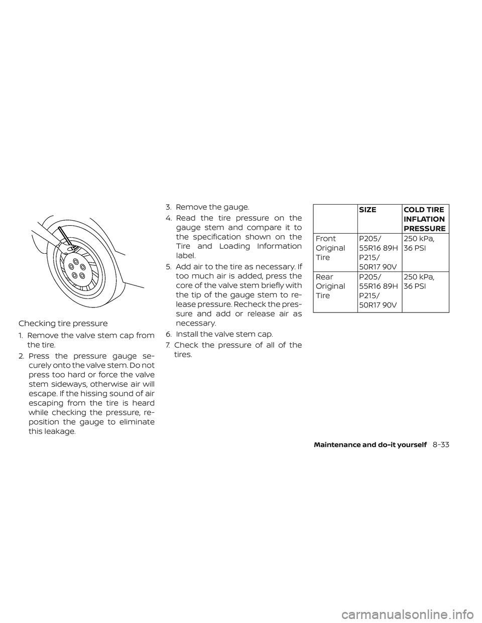 NISSAN LEAF 2019 Owner´s Manual Checking tire pressure
1. Remove the valve stem cap fromthe tire.
2. Press the pressure gauge se- curely onto the valve stem. Do not
press too hard or force the valve
stem sideways, otherwise air will NISSAN LEAF 2019 Owner´s Manual Checking tire pressure
1. Remove the valve stem cap fromthe tire.
2. Press the pressure gauge se- curely onto the valve stem. Do not
press too hard or force the valve
stem sideways, otherwise air will