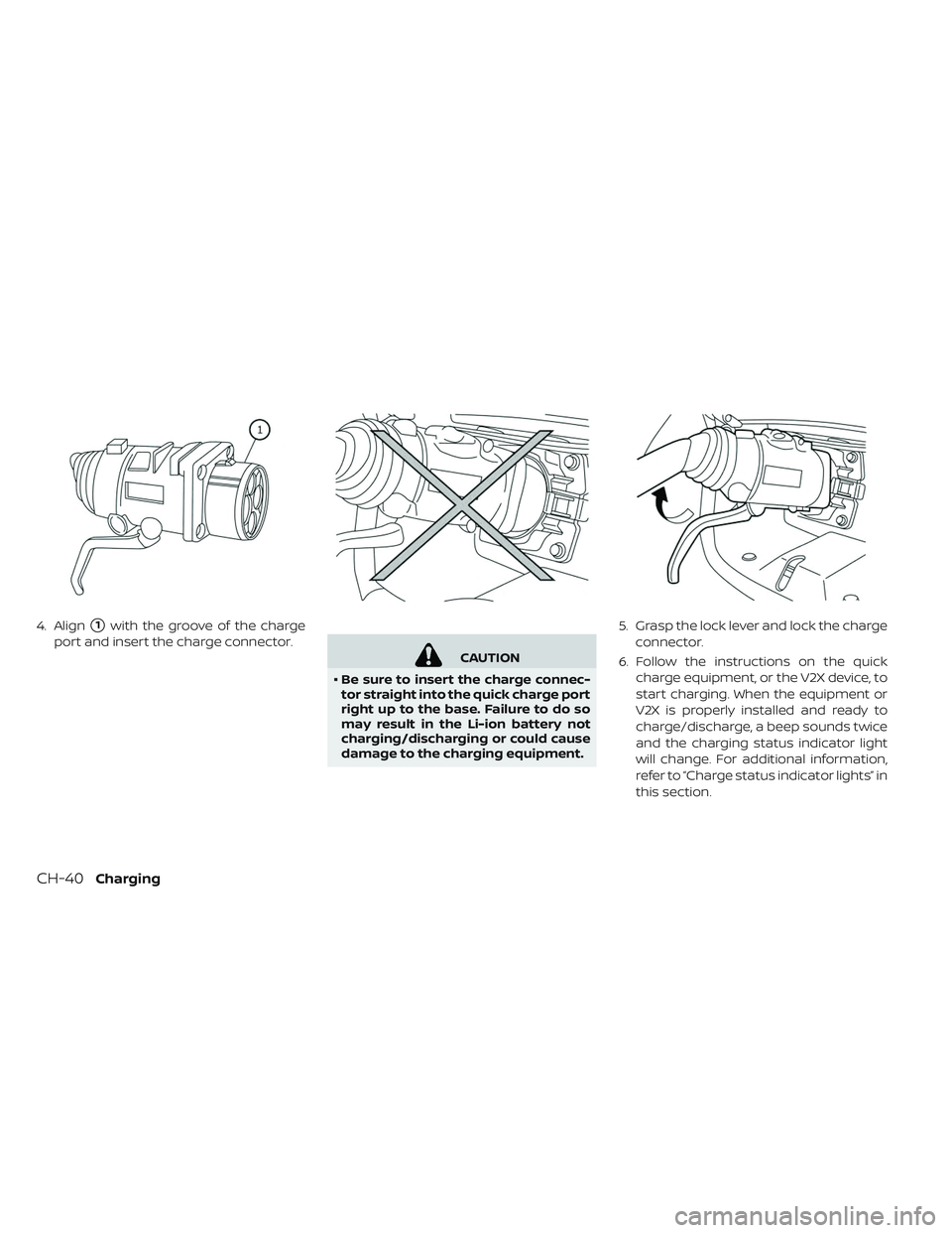 NISSAN LEAF 2019  Owner´s Manual 4. Align1with the groove of the charge
port and insert the charge connector.
CAUTION
• Be sure to insert the charge connec-
tor straight into the quick charge port
right up to the base. Failure to 