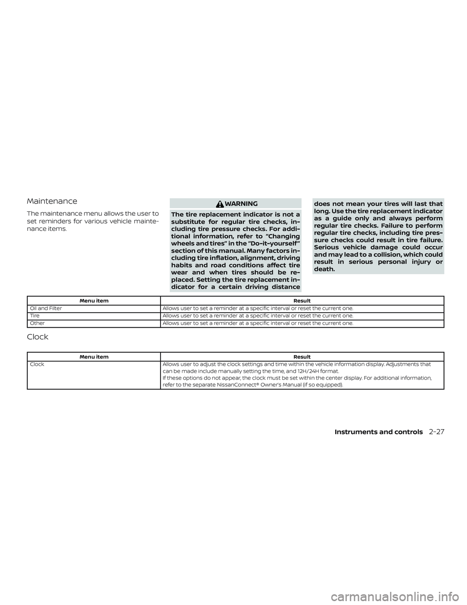 NISSAN LEAF 2018 Owner´s Manual Maintenance
The maintenance menu allows the user to
set reminders for various vehicle mainte-
nance items.
WARNING
The tire replacement indicator is not a
substitute for regular tire checks, in-
cludi NISSAN LEAF 2018 Owner´s Manual Maintenance
The maintenance menu allows the user to
set reminders for various vehicle mainte-
nance items.
WARNING
The tire replacement indicator is not a
substitute for regular tire checks, in-
cludi