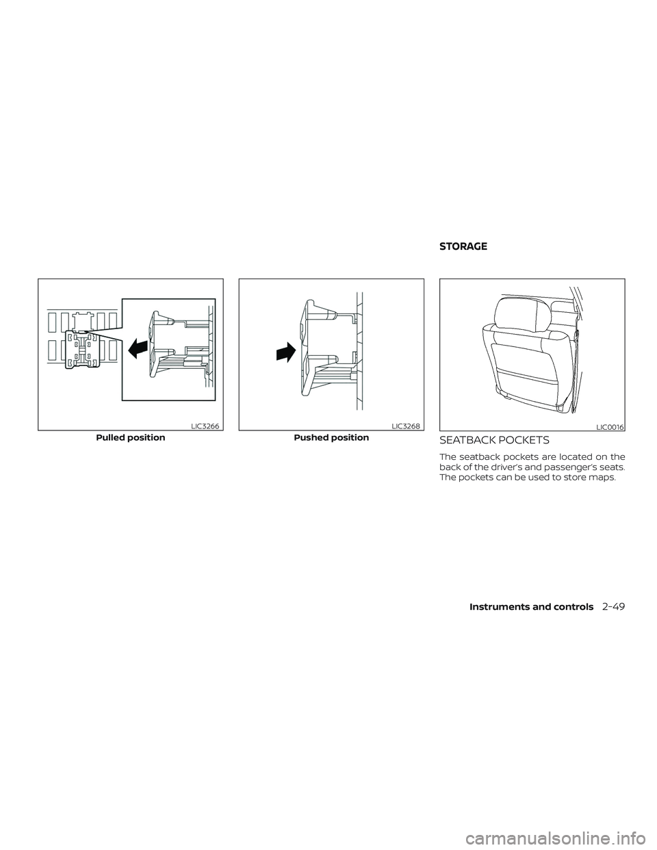 NISSAN LEAF 2018  Owner´s Manual SEATBACK POCKETS
The seatback pockets are located on the
back of the driver’s and passenger’s seats.
The pockets can be used to store maps.
Pulled position
LIC3266
Pushed position
LIC3268LIC0016
S