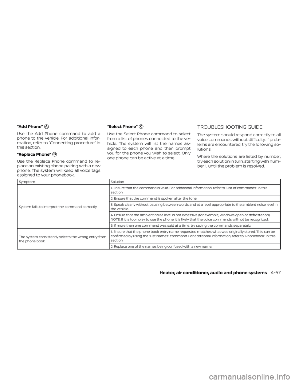 NISSAN MICRA 2018 Owner´s Manual “Add Phone”A
Use the Add Phone command to add a
phone to the vehicle. For additional infor-
mation, refer to “Connecting procedure” in
this section.
“Replace Phone”
B
Use the Replace Pho NISSAN MICRA 2018 Owner´s Manual “Add Phone”A
Use the Add Phone command to add a
phone to the vehicle. For additional infor-
mation, refer to “Connecting procedure” in
this section.
“Replace Phone”
B
Use the Replace Pho