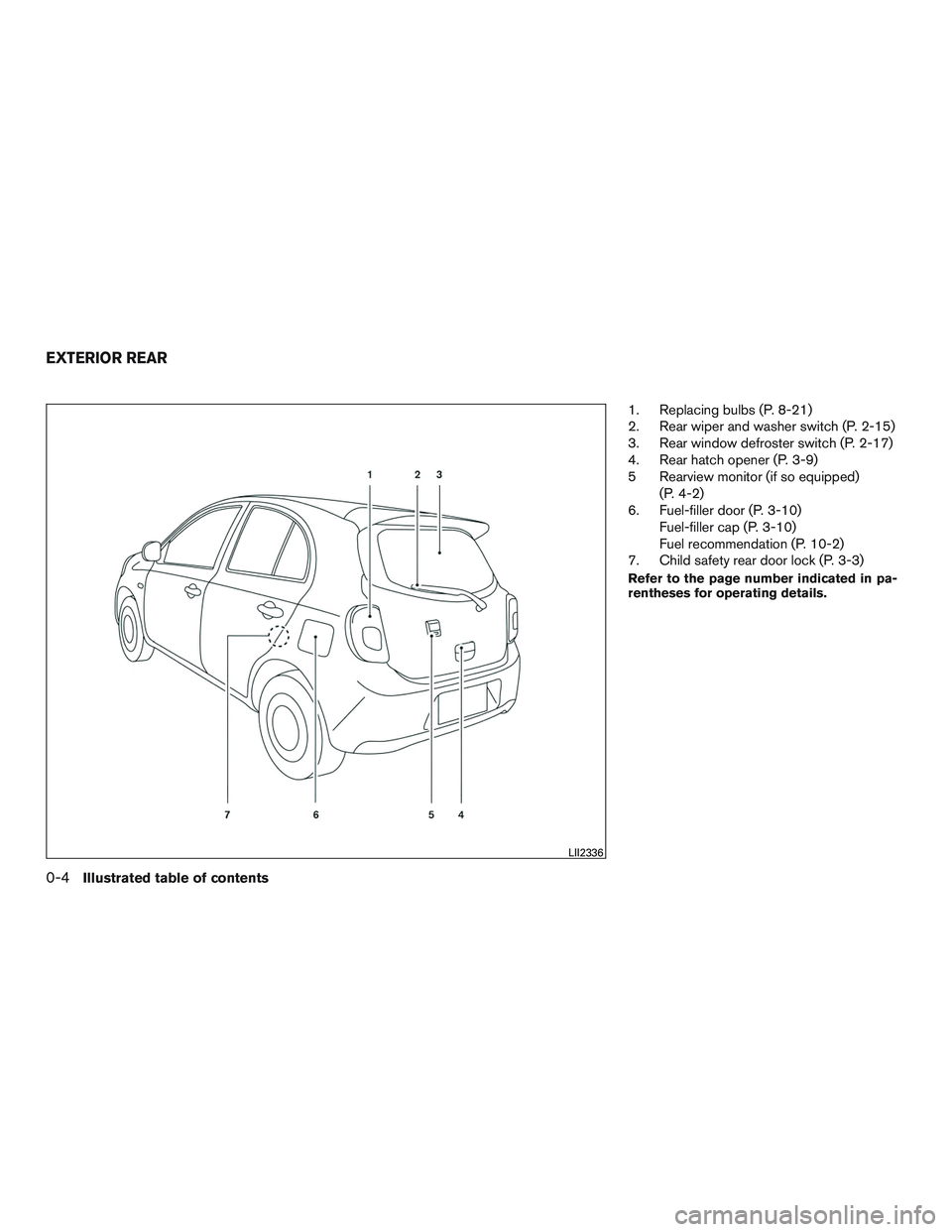 NISSAN MICRA 2017  Owner´s Manual 1. Replacing bulbs (P. 8-21)
2. Rear wiper and washer switch (P. 2-15)
3. Rear window defroster switch (P. 2-17)
4. Rear hatch opener (P. 3-9)
5 Rearview monitor (if so equipped)(P. 4-2)
6. Fuel-fille