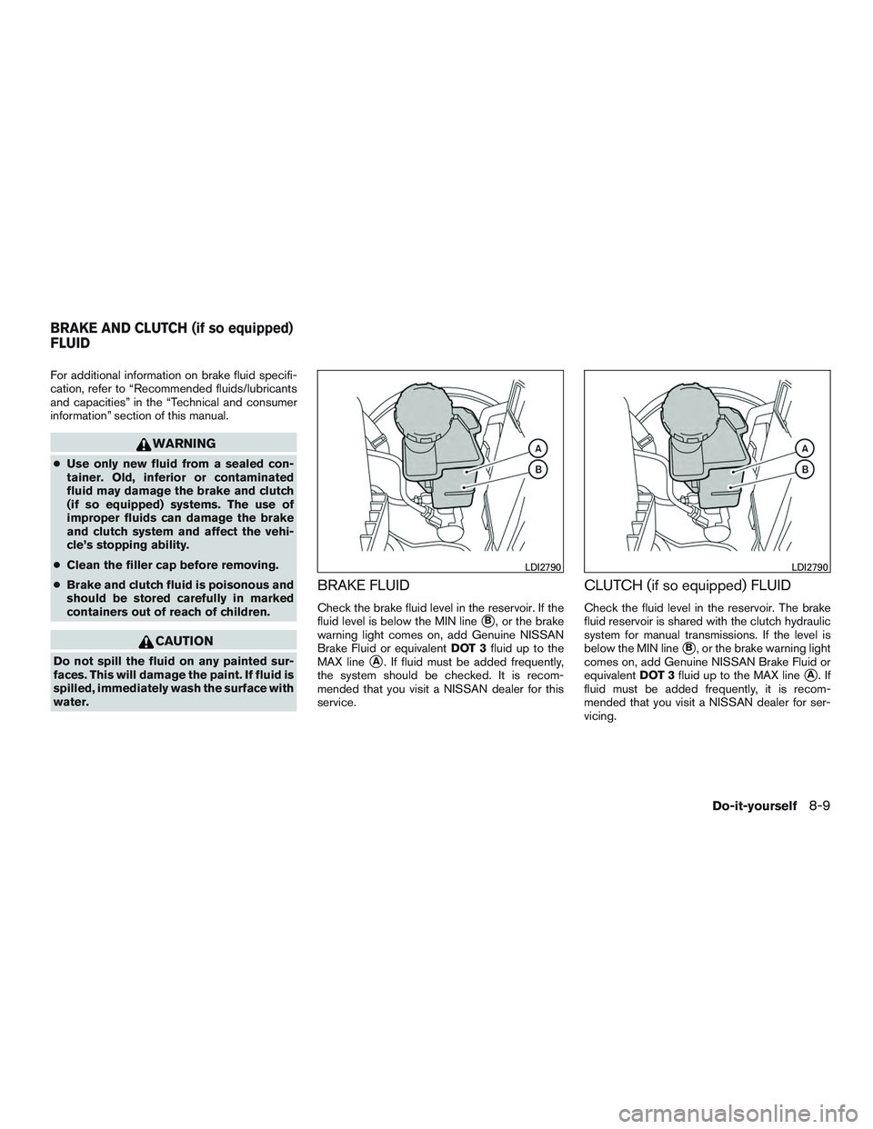 NISSAN MICRA 2017 Owner´s Manual For additional information on brake fluid specifi-
cation, refer to “Recommended fluids/lubricants
and capacities” in the “Technical and consumer
information” section of this manual.
WARNING
NISSAN MICRA 2017 Owner´s Manual For additional information on brake fluid specifi-
cation, refer to “Recommended fluids/lubricants
and capacities” in the “Technical and consumer
information” section of this manual.
WARNING