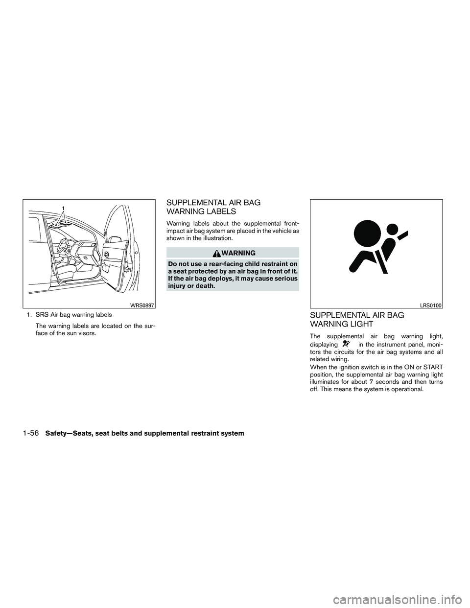 NISSAN MICRA 2017  Owner´s Manual 1. SRS Air bag warning labelsThe warning labels are located on the sur-
face of the sun visors.
SUPPLEMENTAL AIR BAG
WARNING LABELS
Warning labels about the supplemental front-
impact air bag system a