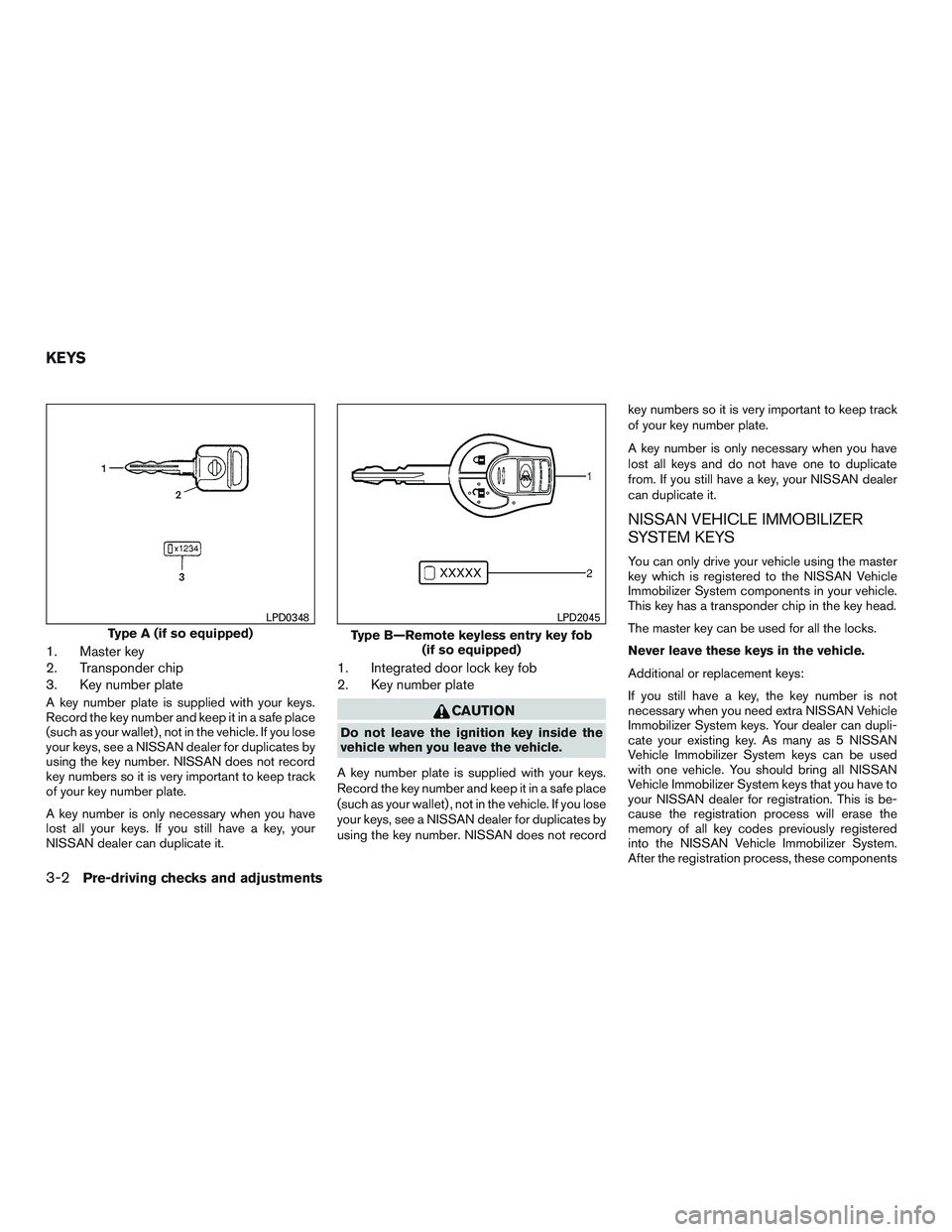 NISSAN MICRA 2015 Owner´s Manual 1. Master key
2. Transponder chip
3. Key number plate
A key number plate is supplied with your keys.
Record the key number and keep it in a safe place
(such as your wallet) , not in the vehicle. If yo NISSAN MICRA 2015 Owner´s Manual 1. Master key
2. Transponder chip
3. Key number plate
A key number plate is supplied with your keys.
Record the key number and keep it in a safe place
(such as your wallet) , not in the vehicle. If yo