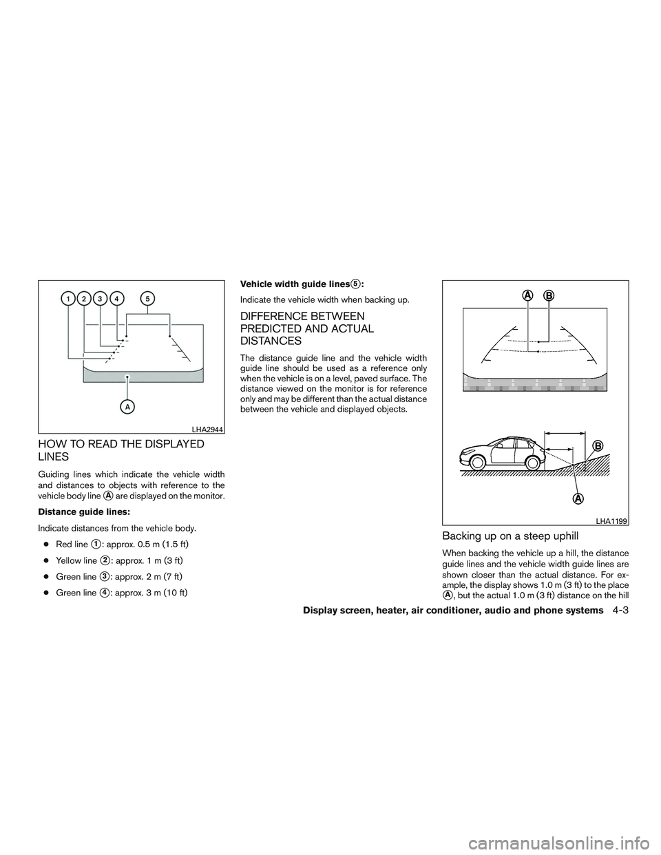 NISSAN MICRA 2015 Owner´s Manual HOW TO READ THE DISPLAYED
LINES
Guiding lines which indicate the vehicle width
and distances to objects with reference to the
vehicle body line
Aare displayed on the monitor.
Distance guide lines:
In NISSAN MICRA 2015 Owner´s Manual HOW TO READ THE DISPLAYED
LINES
Guiding lines which indicate the vehicle width
and distances to objects with reference to the
vehicle body line
Aare displayed on the monitor.
Distance guide lines:
In