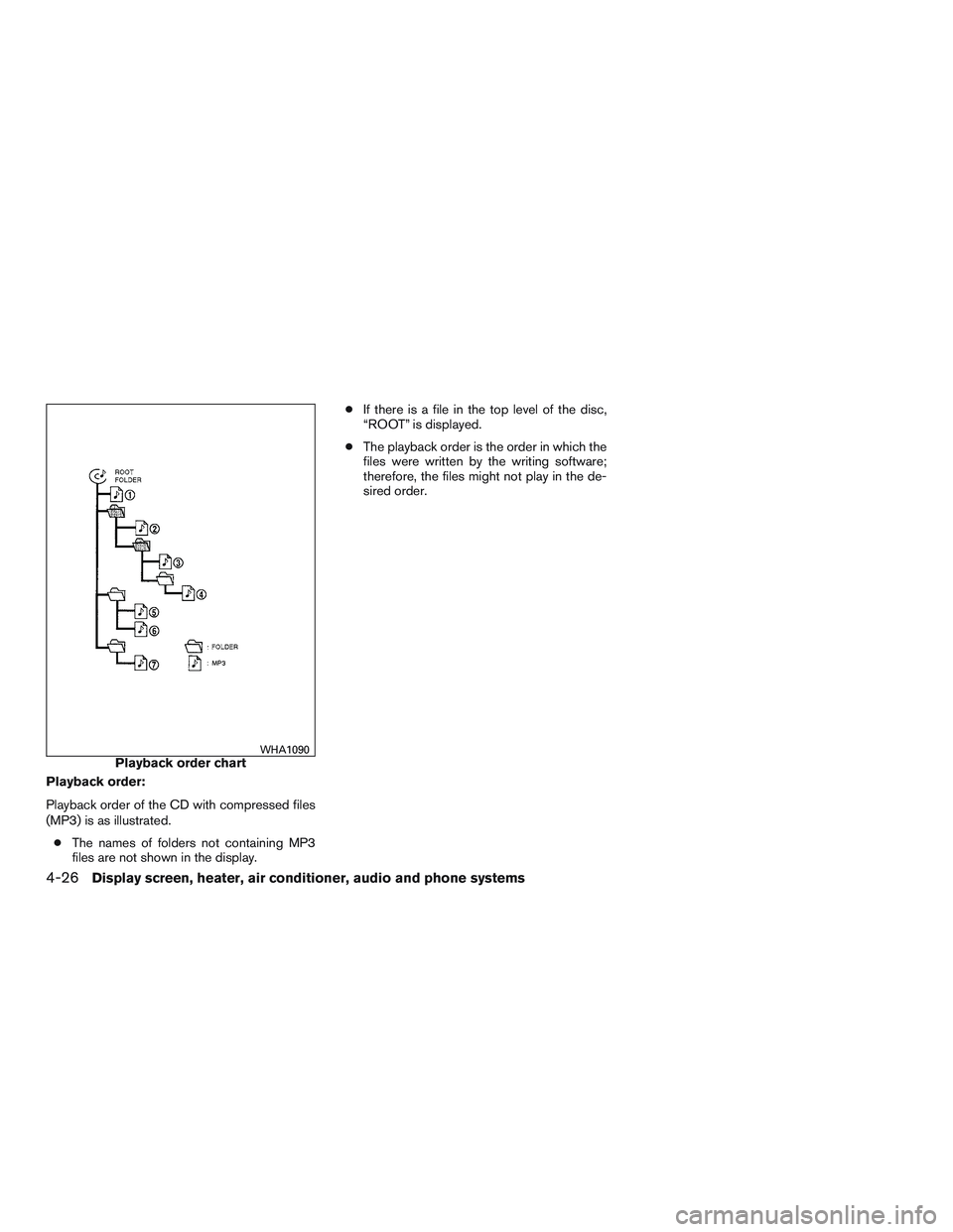 NISSAN MICRA 2015  Owner´s Manual Playback order:
Playback order of the CD with compressed files
(MP3) is as illustrated.● The names of folders not containing MP3
files are not shown in the display. ●
If there is a file in the top