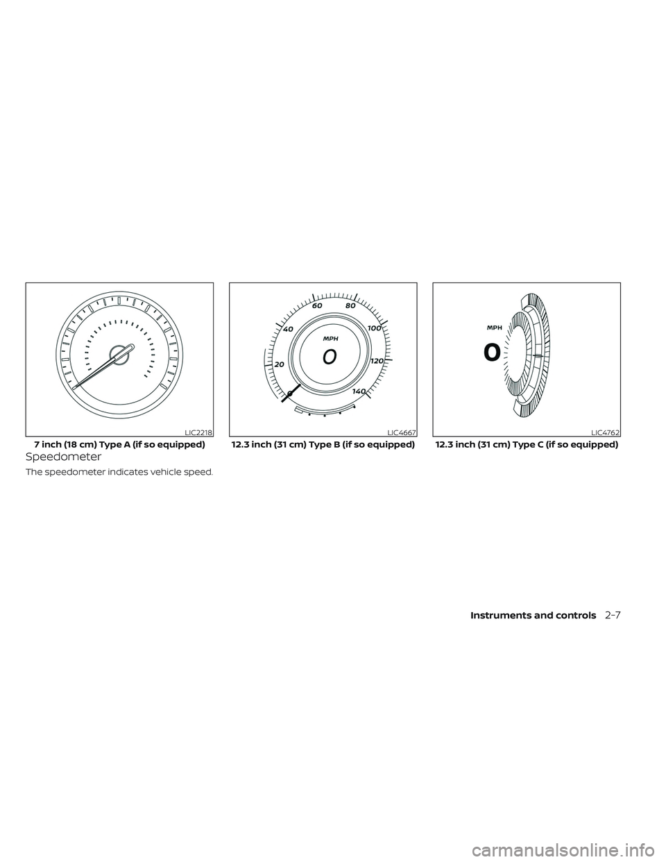 NISSAN PATHFINDER 2022  Owner´s Manual Speedometer
The speedometer indicates vehicle speed.
LIC2218
7 inch (18 cm) Type A (if so equipped)
LIC4667
12.3 inch (31 cm) Type B (if so equipped)
LIC4762
12.3 inch (31 cm) Type C (if so equipped)
