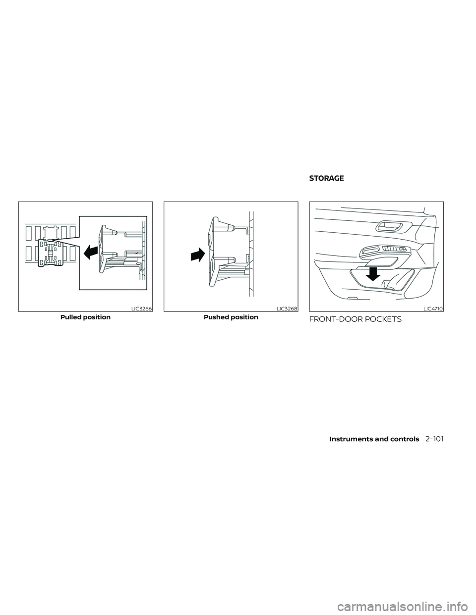 NISSAN PATHFINDER 2022  Owner´s Manual FRONT-DOOR POCKETS
LIC3266
Pulled position
LIC3268
Pushed position
LIC4710
STORAGE
Instruments and controls2-101 