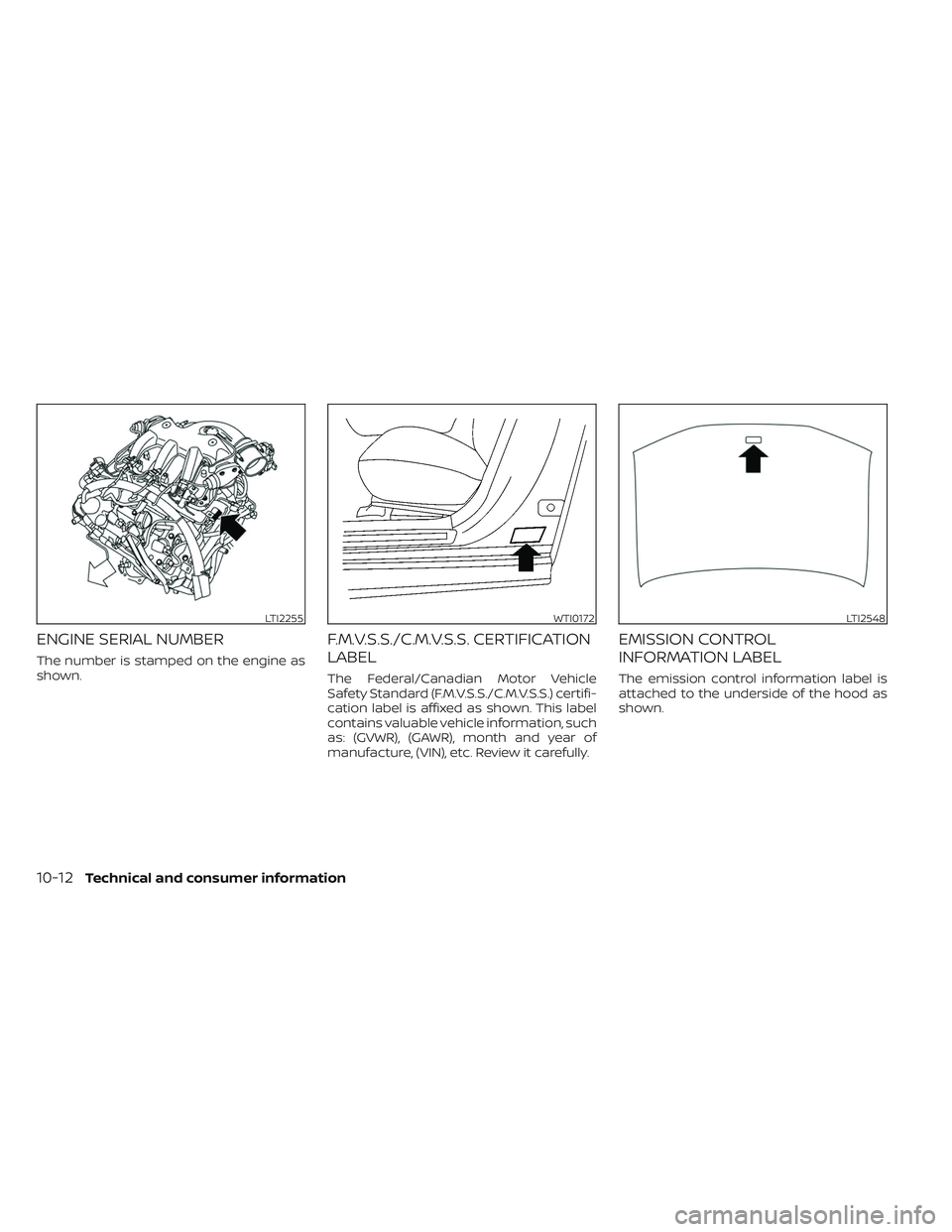 NISSAN PATHFINDER 2022  Owner´s Manual ENGINE SERIAL NUMBER
The number is stamped on the engine as
shown.
F.M.V.S.S./C.M.V.S.S. CERTIFICATION
LABEL
The Federal/Canadian Motor Vehicle
Safety Standard (F.M.V.S.S./C.M.V.S.S.) certifi-
cation 