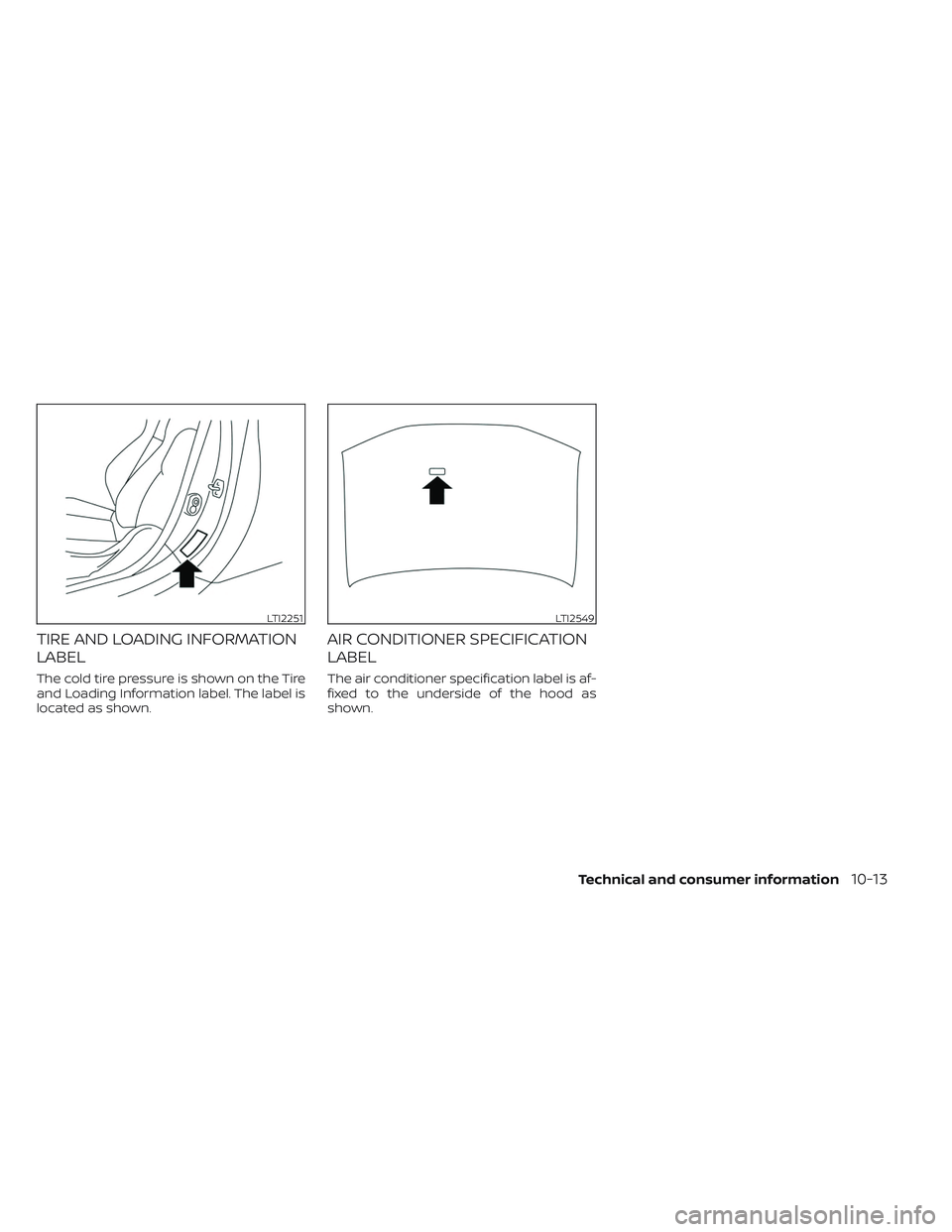 NISSAN PATHFINDER 2022  Owner´s Manual TIRE AND LOADING INFORMATION
LABEL
The cold tire pressure is shown on the Tire
and Loading Information label. The label is
located as shown.
AIR CONDITIONER SPECIFICATION
LABEL
The air conditioner spe