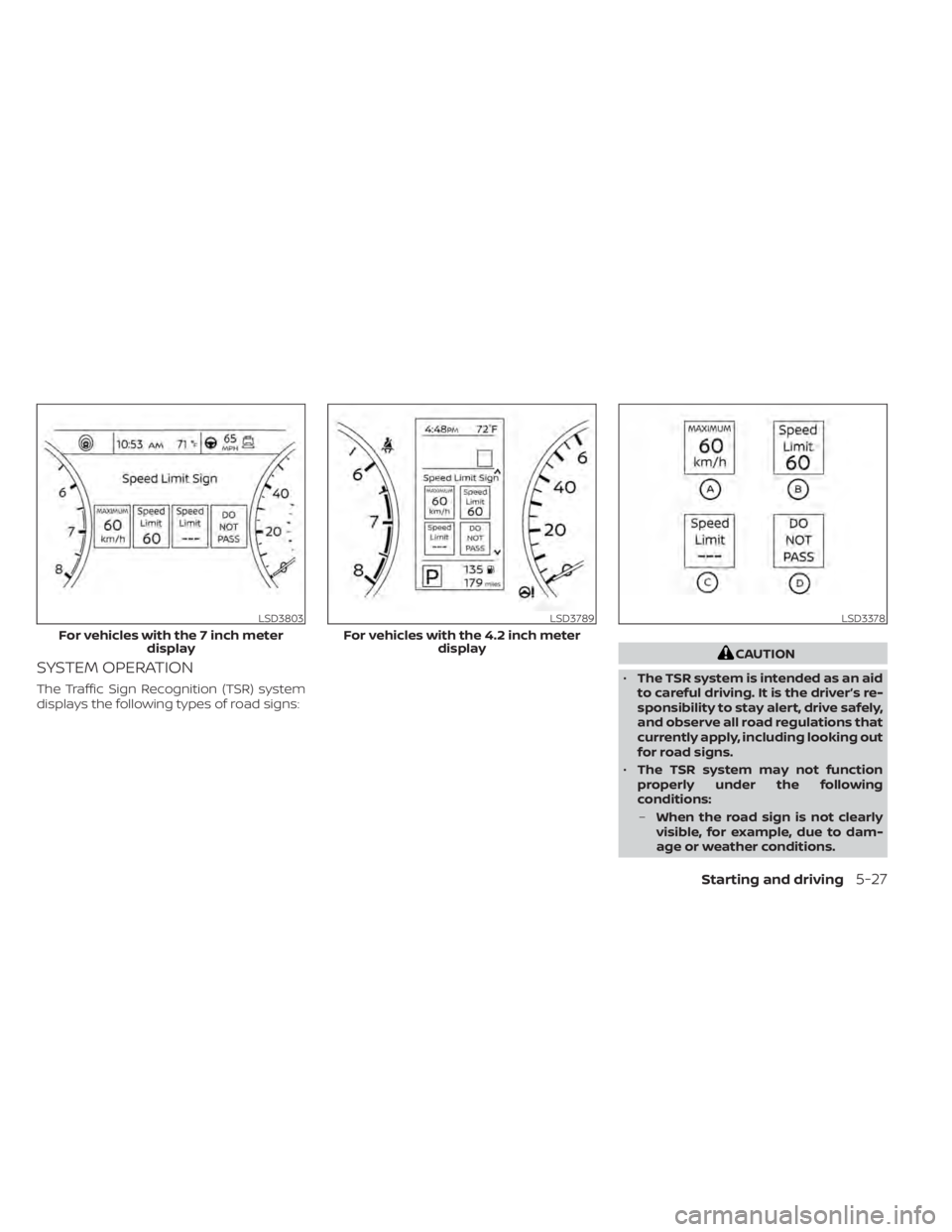 NISSAN SENTRA 2020  Owner´s Manual SYSTEM OPERATION
The Traffic Sign Recognition (TSR) system
displays the following types of road signs:
CAUTION
• The TSR system is intended as an aid
to careful driving. It is the driver’s re-
spo