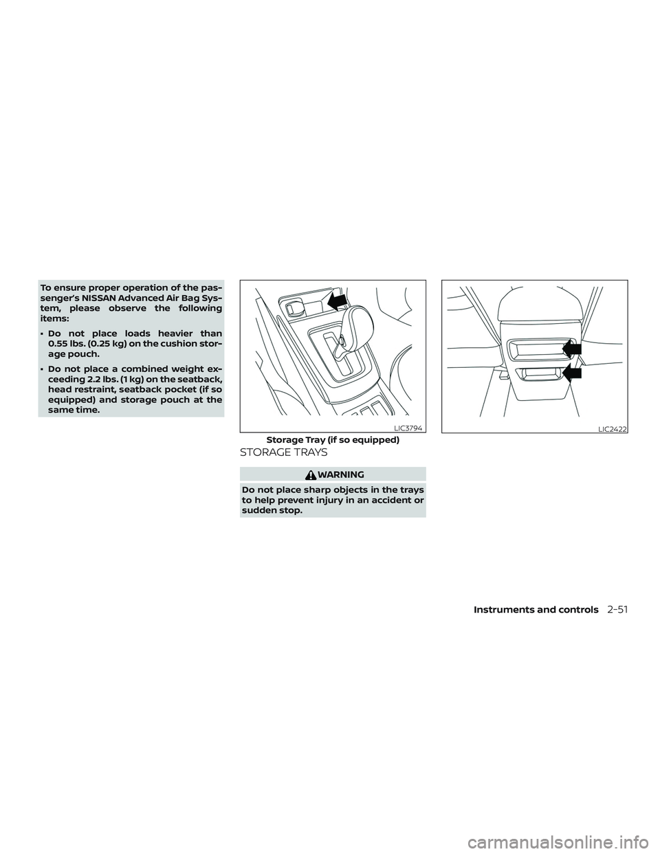 NISSAN SENTRA 2019  Owner´s Manual To ensure proper operation of the pas-
senger’s NISSAN Advanced Air Bag Sys-
tem, please observe the following
items:
∙ Do not place loads heavier than0.55 lbs. (0.25 kg) on the cushion stor-
age 